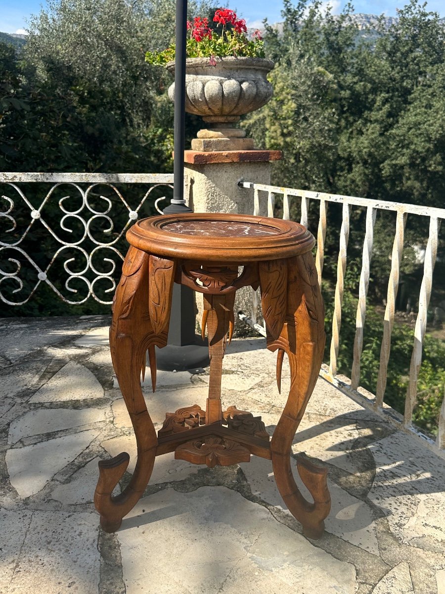 Small Sculpted Solid Walnut Stand With Marble Top, 20th Century -photo-2