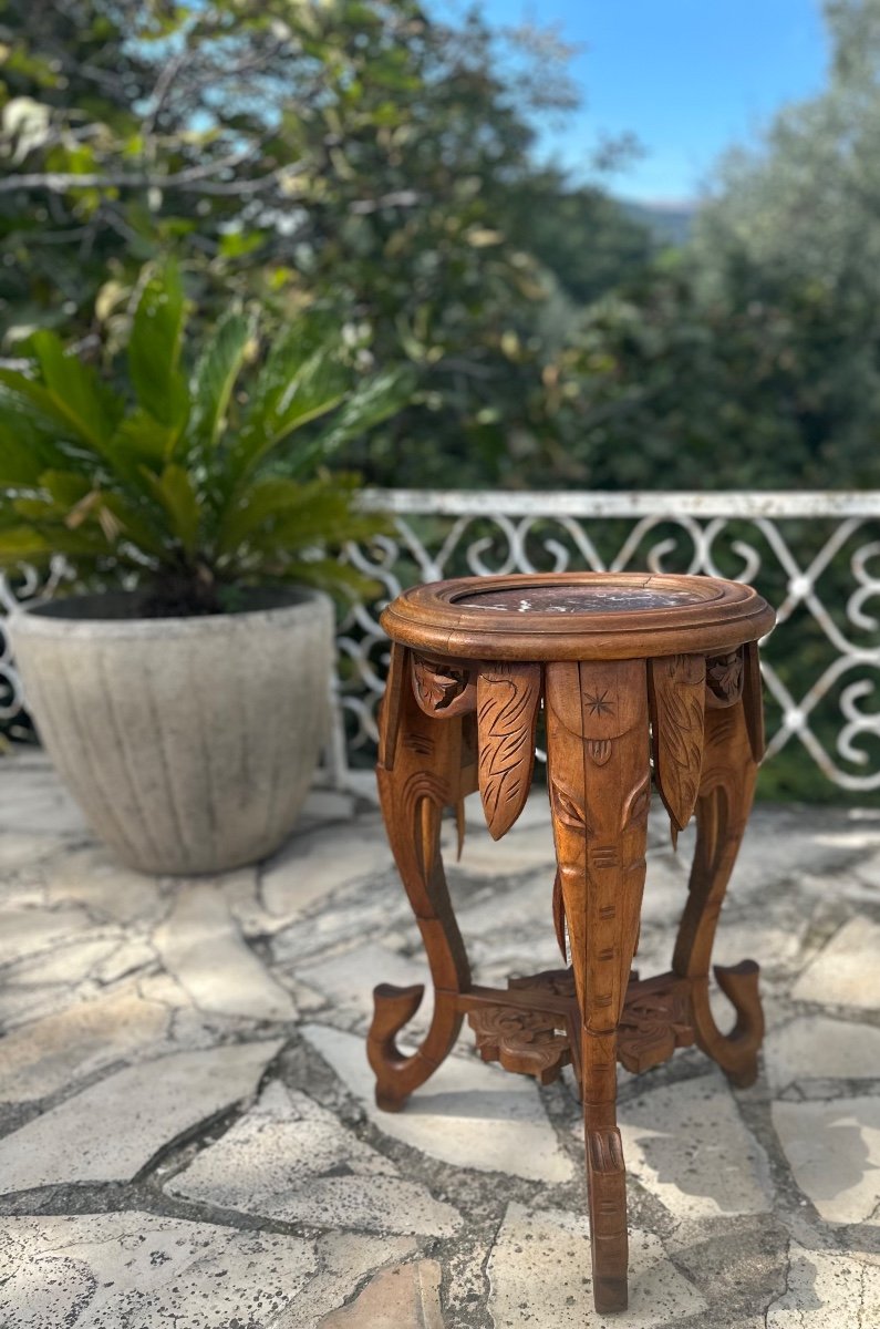 Small Sculpted Solid Walnut Stand With Marble Top, 20th Century -photo-2