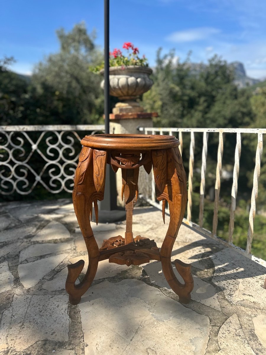 Small Sculpted Solid Walnut Stand With Marble Top, 20th Century -photo-6