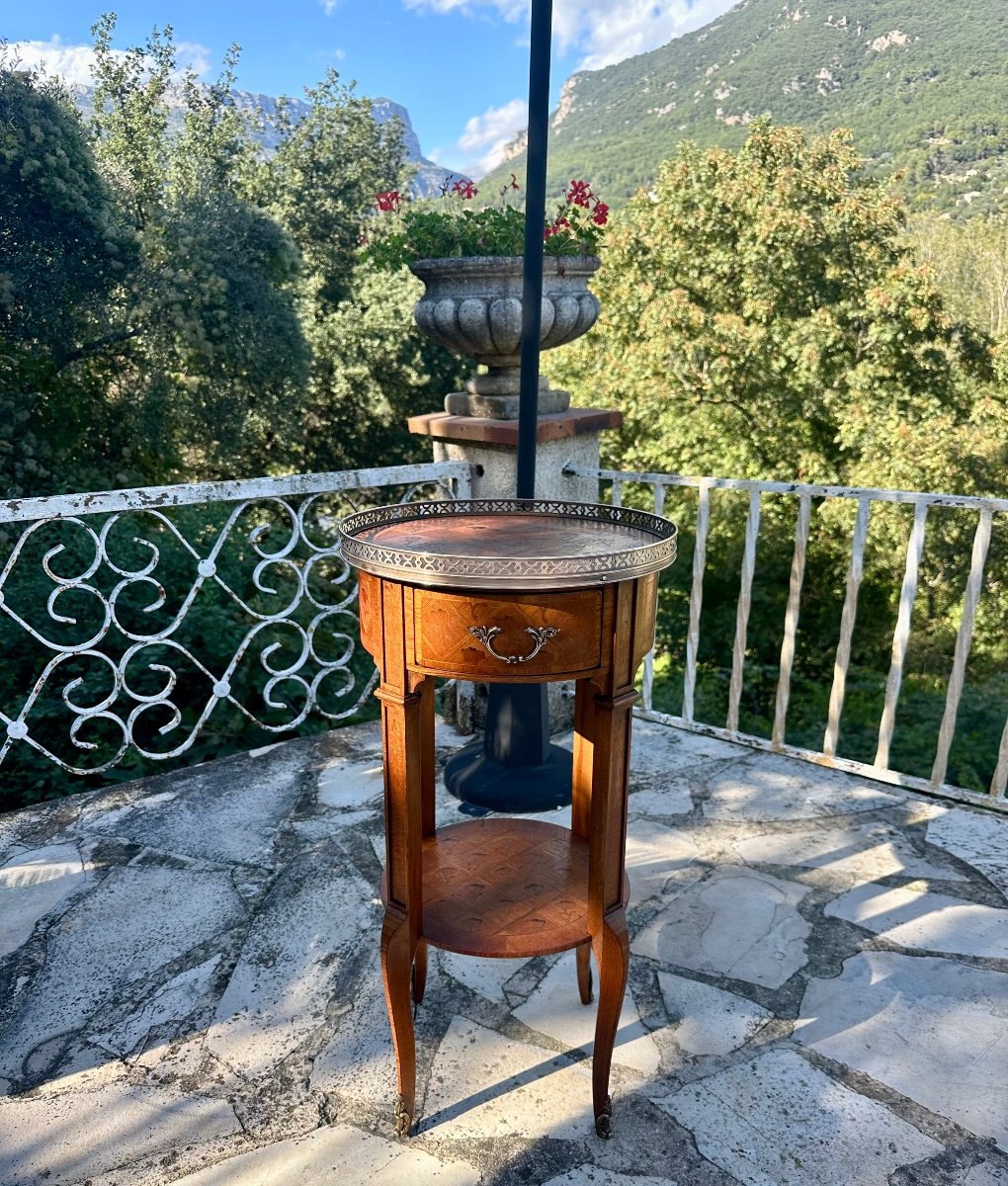 Elegant Small Marquetry Pedestal Table In Louis XV Style, 19th Century -photo-2