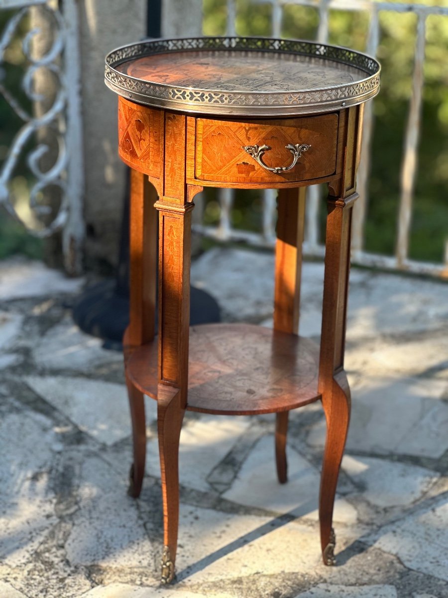 Elegant Small Marquetry Pedestal Table In Louis XV Style, 19th Century -photo-4