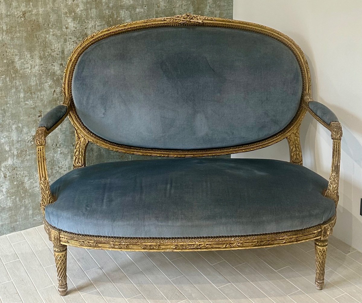  Banquette En Bois Doré De Style Louis XVI ,Époque XIX Ème Siècle -photo-5