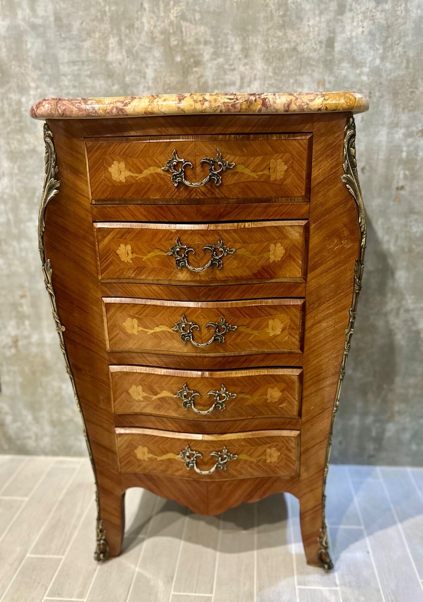 Small Louis XV Style Marquetry Chest Of Drawers, 20th Century