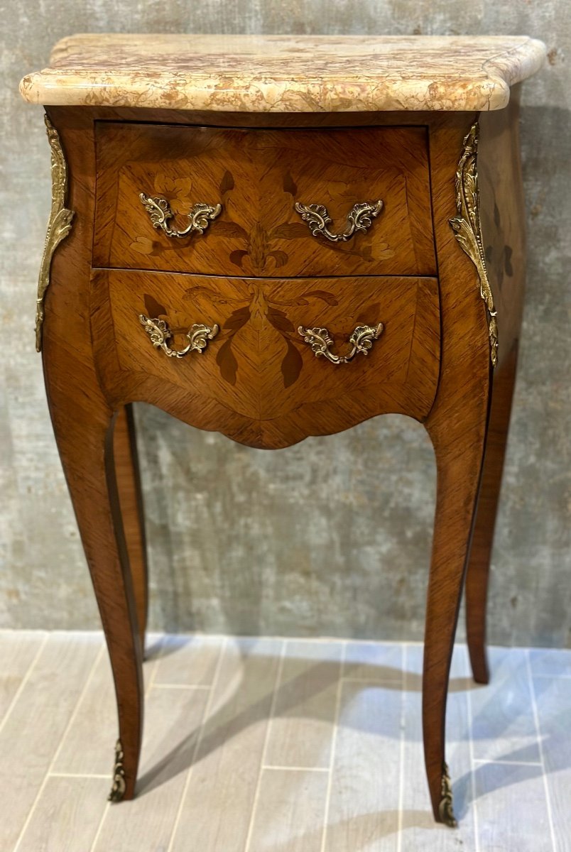 Small Louis XV Style Marquetry Chest Of Drawers Circa 1900. Stamped Mp.