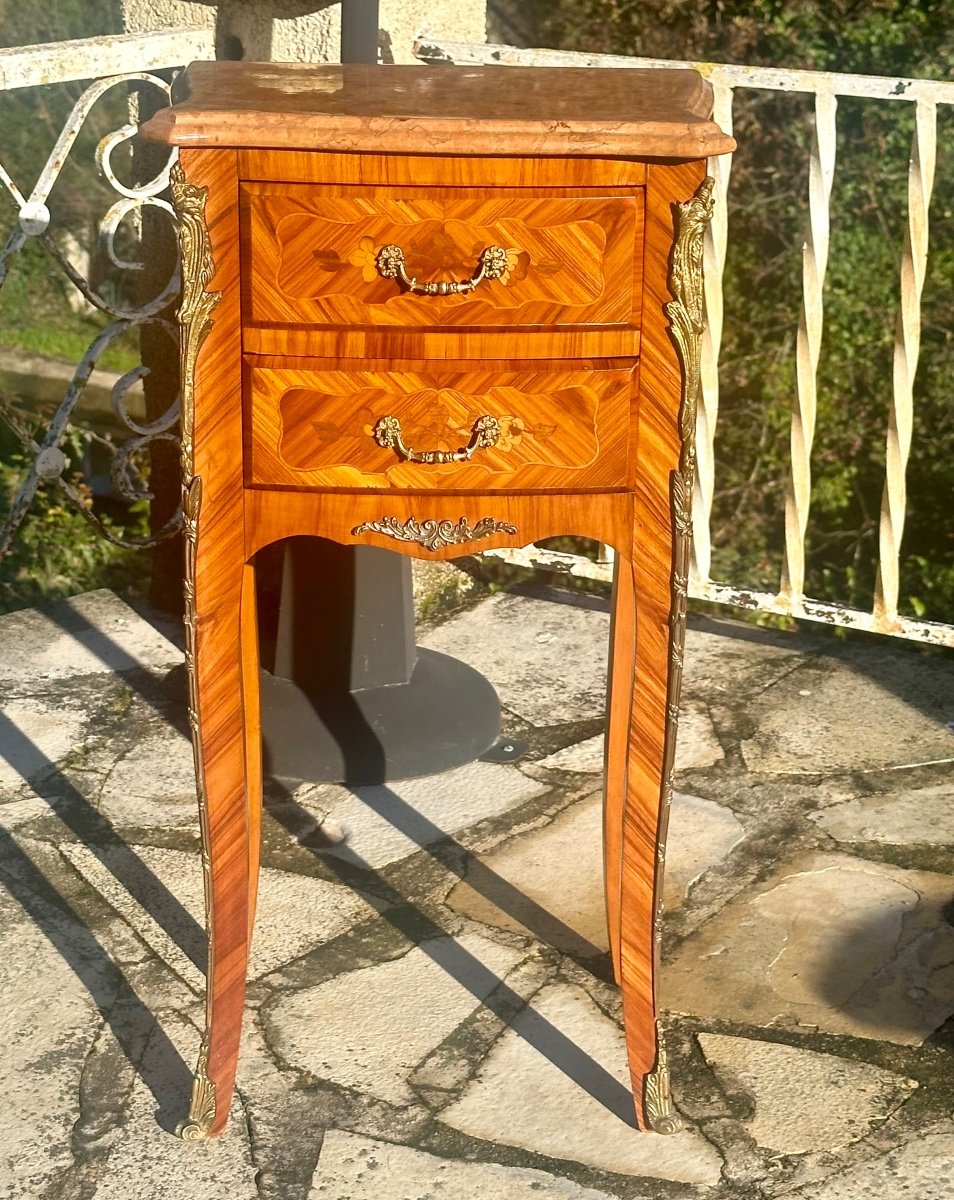 Small Bedside Table In Precious Wood Marquetry, Louis XV Style, 20th Century -photo-2