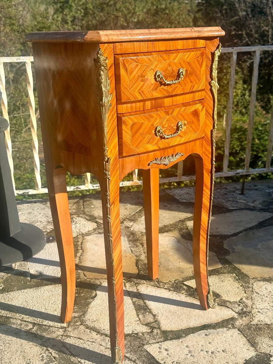 Small Bedside Table In Precious Wood Marquetry, Louis XV Style, 20th Century -photo-3