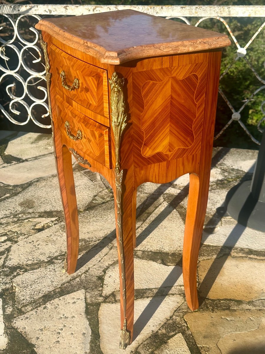 Small Bedside Table In Precious Wood Marquetry, Louis XV Style, 20th Century -photo-4