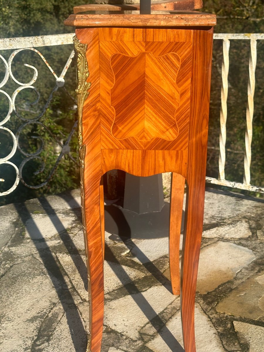 Small Bedside Table In Precious Wood Marquetry, Louis XV Style, 20th Century -photo-2