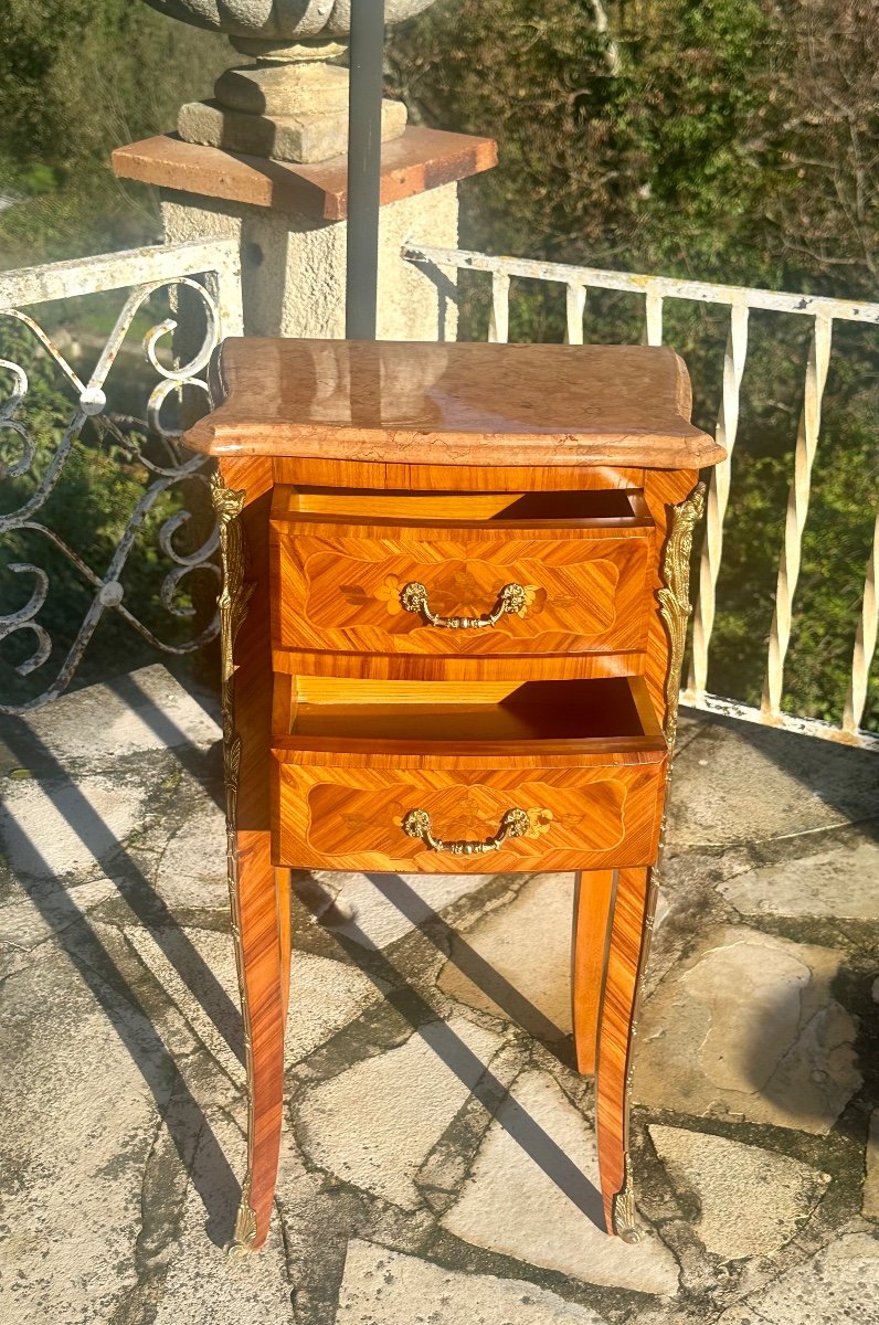 Small Bedside Table In Precious Wood Marquetry, Louis XV Style, 20th Century -photo-7