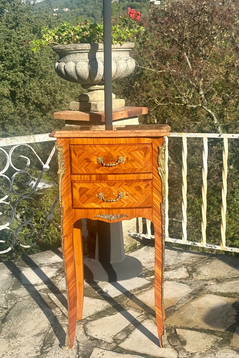 Small Bedside Table In Precious Wood Marquetry, Louis XV Style, 20th Century 