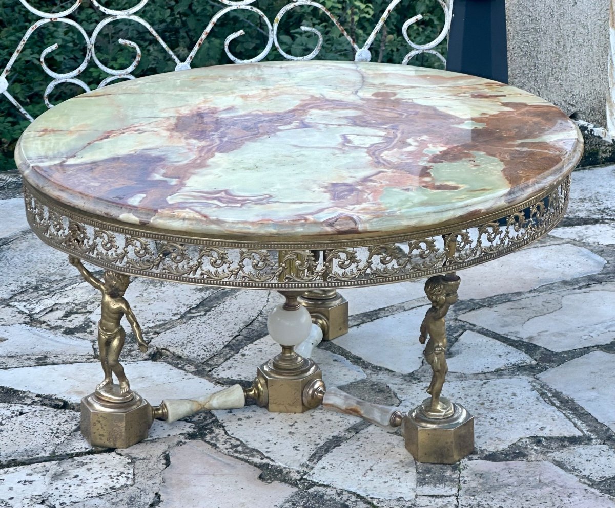 Table Basse Aux Angelots En Laiton Doré Et Onyx Vers 1950-photo-3