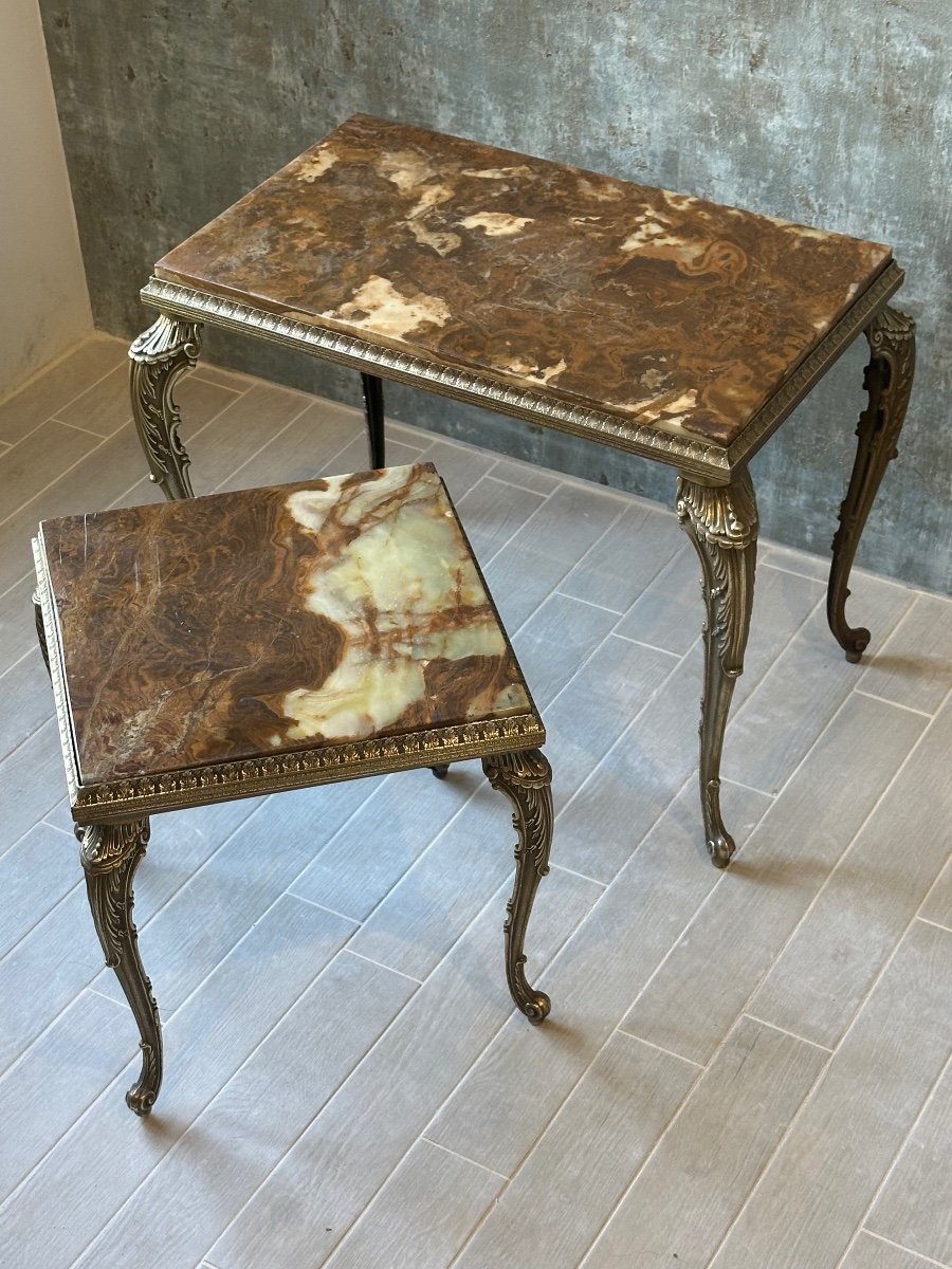 Set Of 2 Nesting Tables In Gilded Brass And Onyx Circa 1950-photo-2