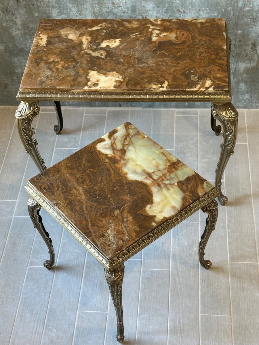 Set Of 2 Nesting Tables In Gilded Brass And Onyx Circa 1950-photo-3