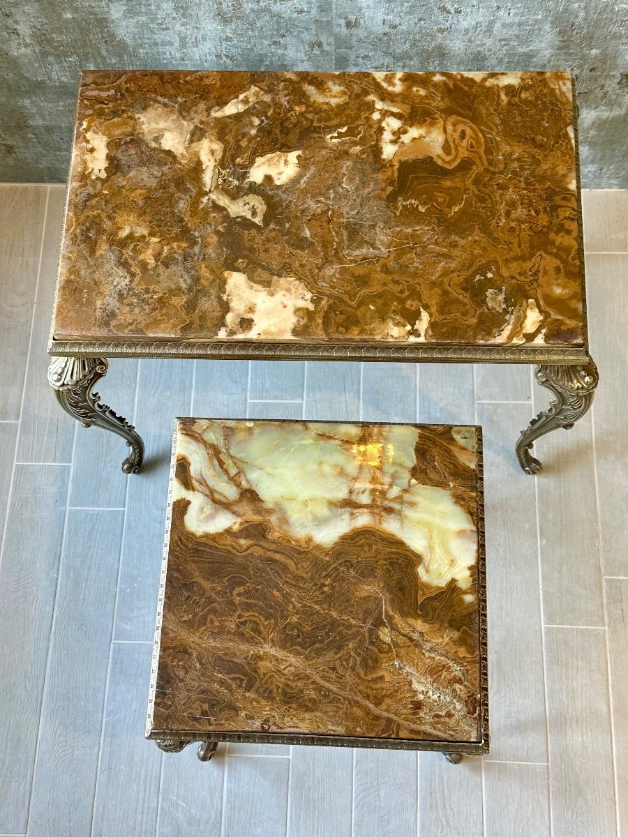 Set Of 2 Nesting Tables In Gilded Brass And Onyx Circa 1950-photo-4