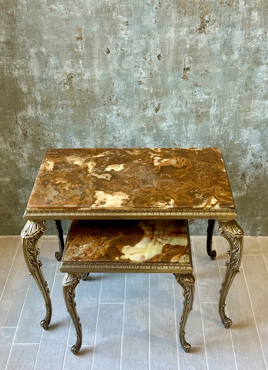 Set Of 2 Nesting Tables In Gilded Brass And Onyx Circa 1950-photo-4