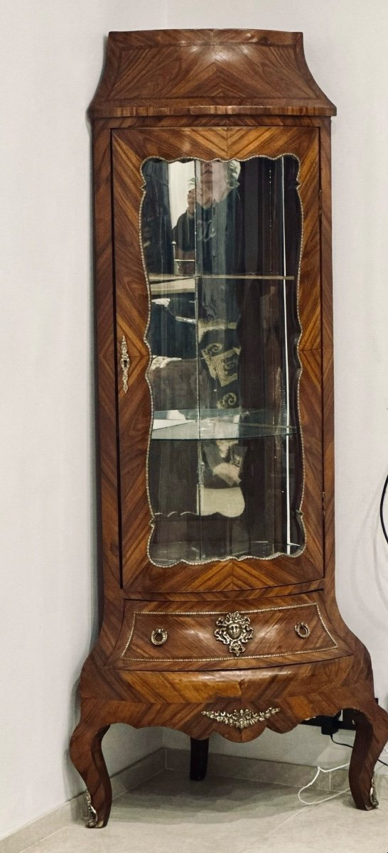 Corner Display Cabinet In Louis XV Style Marquetry, Late 19th Century -photo-3