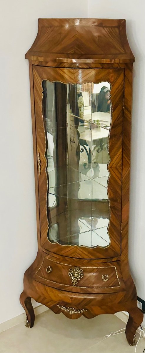 Corner Display Cabinet In Louis XV Style Marquetry, Late 19th Century 