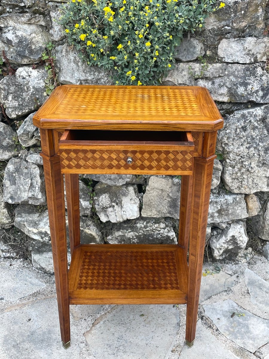 Petite Table Volante En Marqueterie De Bois De Style Louis XVI époque XXeme Siècle -photo-3