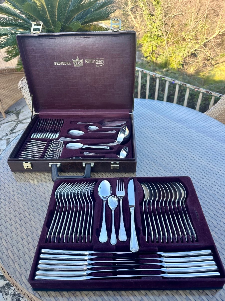 German Cutlery Set "bestecke Solingen" In Original Brown Leather Case, Circa 1970.-photo-2