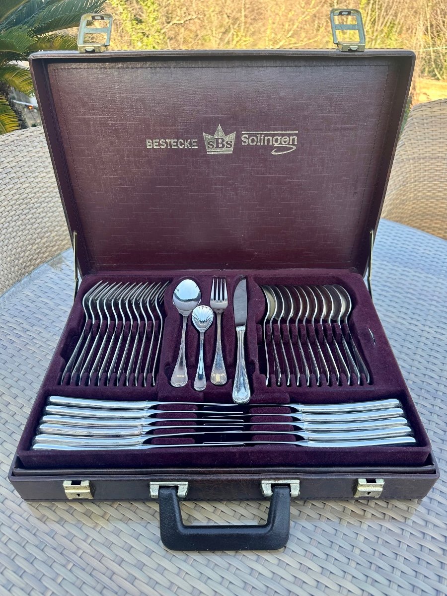 German Cutlery Set "bestecke Solingen" In Original Brown Leather Case, Circa 1970.-photo-5