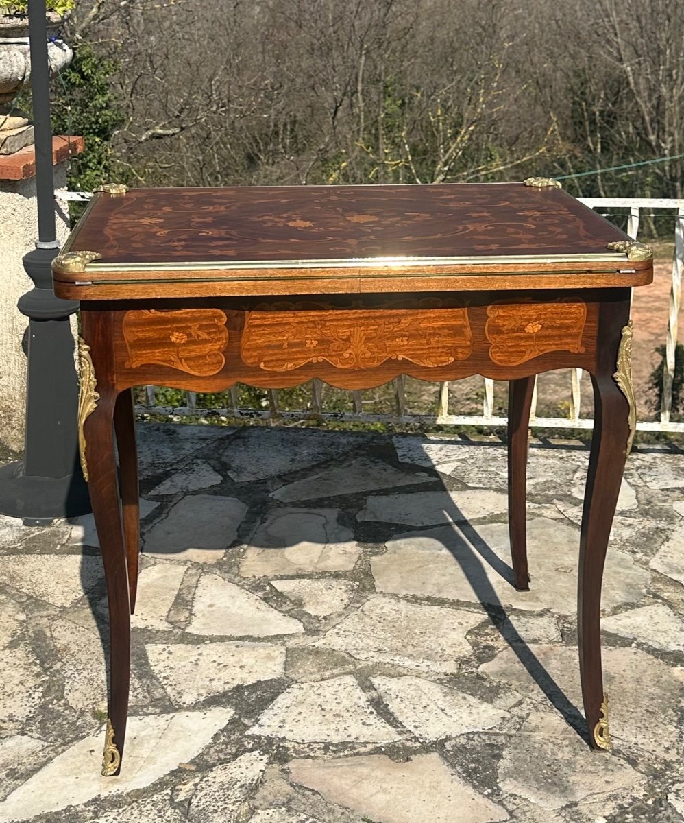 Table à Jeux En Marqueterie De Bois De Rose De Style Louis XV époque XIXeme Siècle -photo-3