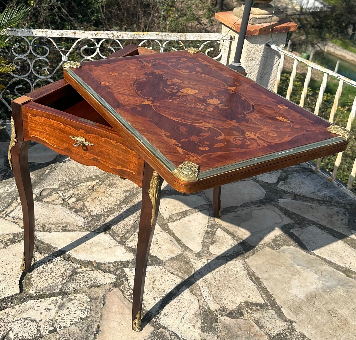 Table à Jeux En Marqueterie De Bois De Rose De Style Louis XV époque XIXeme Siècle -photo-4