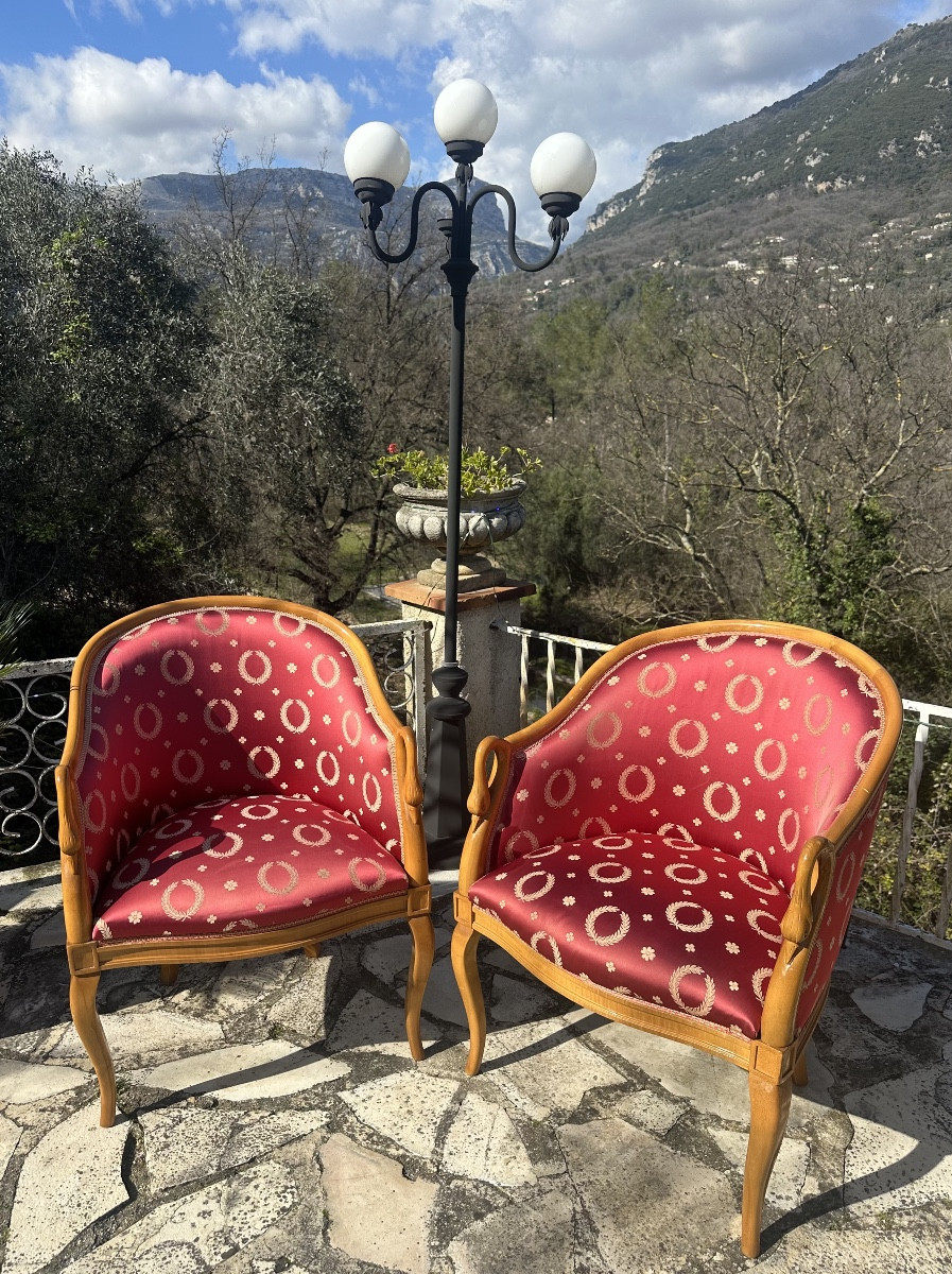 Pair Of Empire Style Swan Neck Bergère Armchairs, 20th Century 