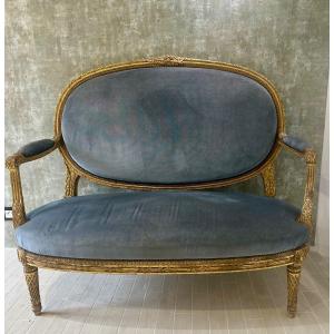 Charmante Banquette En Bois Doré De Style Louis XVI ,Époque XIX Ème Siècle 