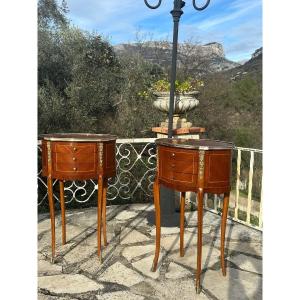 Pair Of Louis XV Style Bedside Tables In Precious Wood Marquetry, 20th Century 