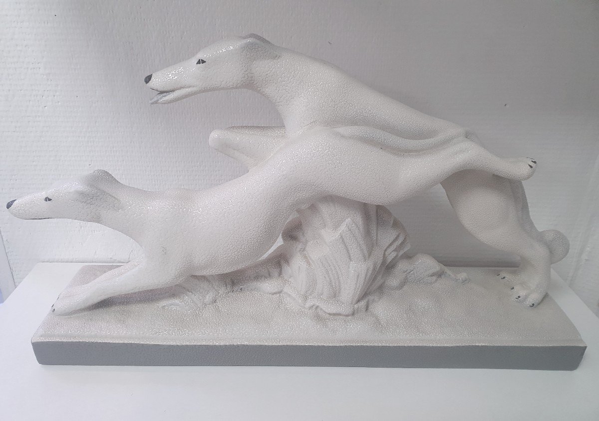 Sculpture "group Of Jumping Greyhounds" - Charles Lemanceau