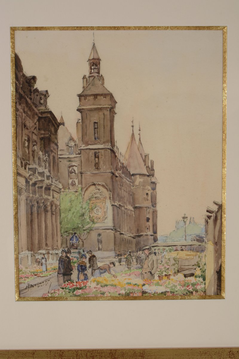 Flower Market In Front Of The Conciergerie - Marcel Brimeau 1889-1990
