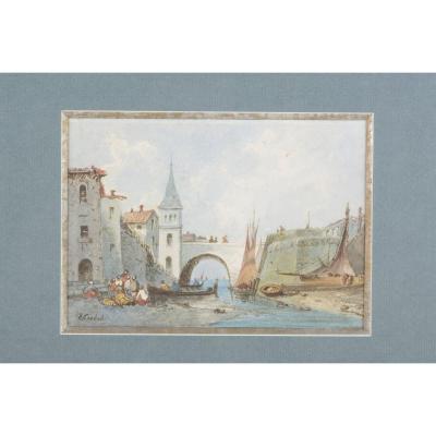 Bridge With Boats - Eugène Ciceri 1813-1890