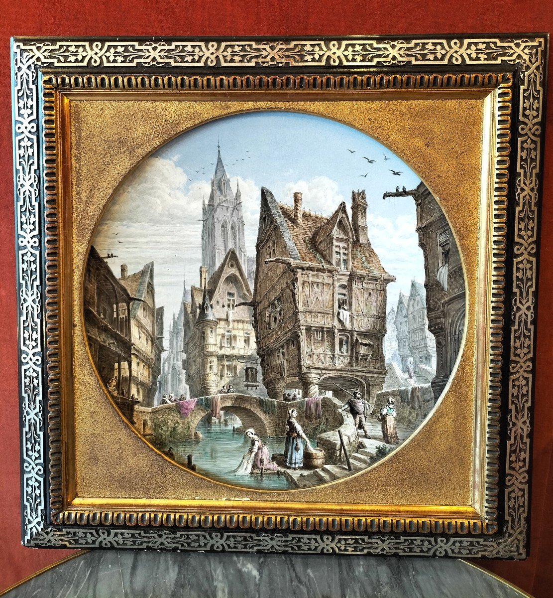 Important Framed Painted Ceramic Dish