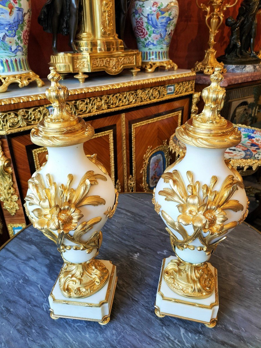 Pair Of Cassolettes In White Marble And Gilt Bronze 19th Century-photo-3