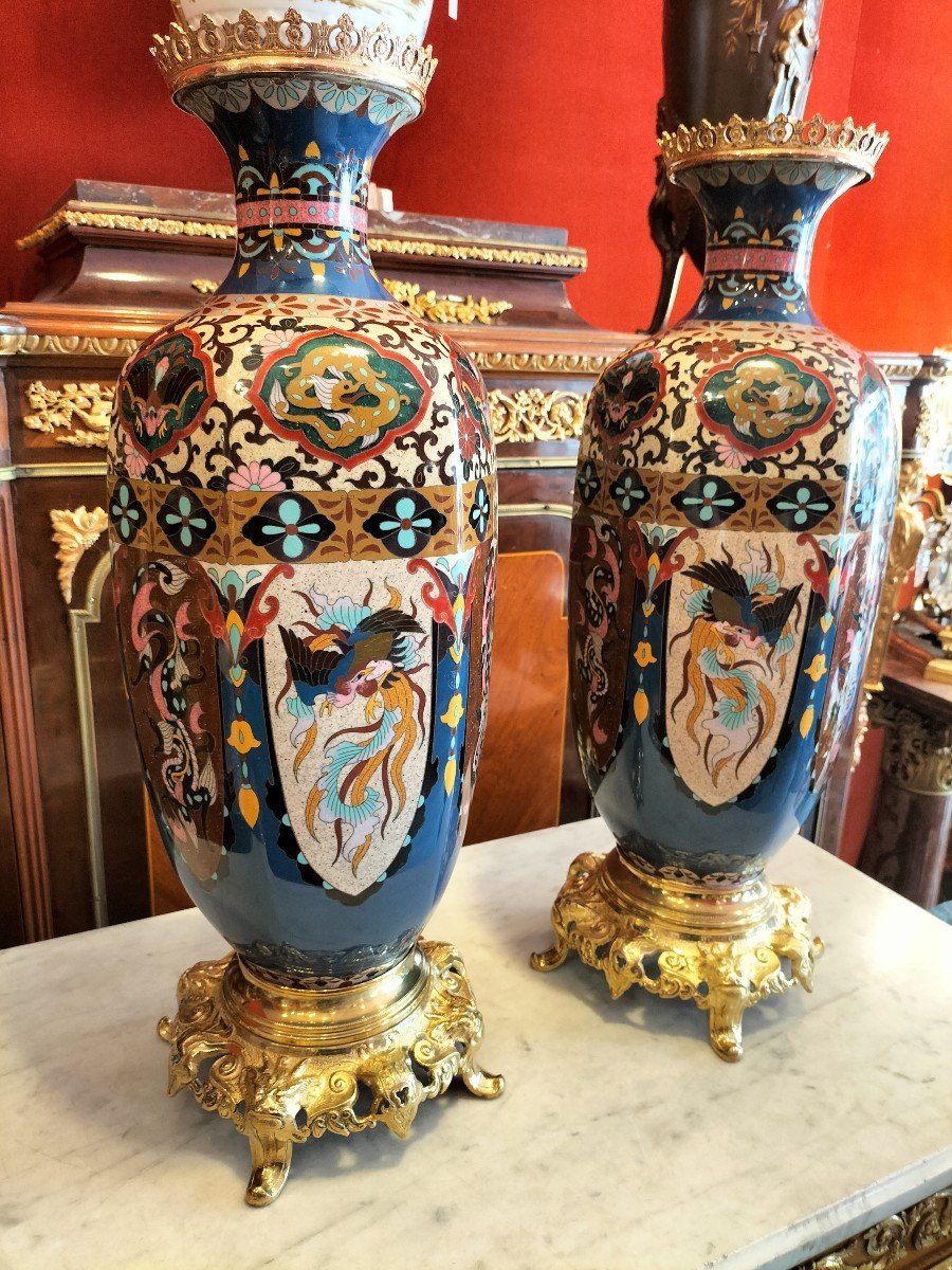 Paire De Grands Vases En Email Cloisonné Japon époque Meiji -photo-2