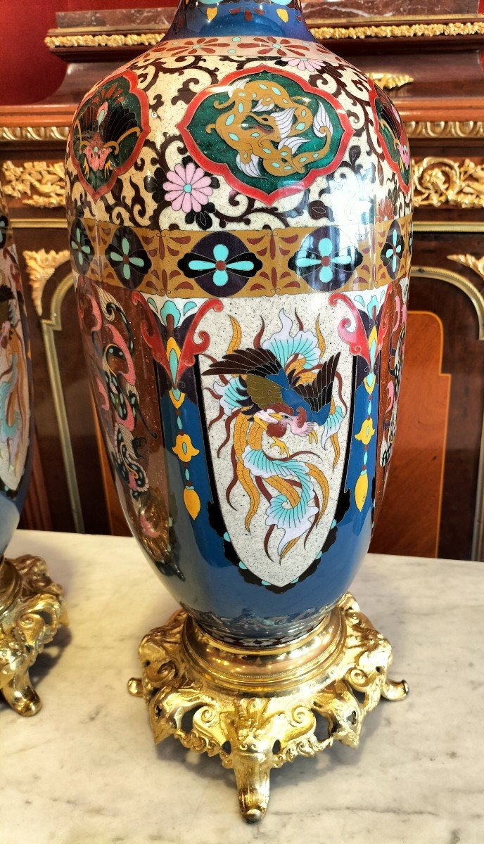 Paire De Grands Vases En Email Cloisonné Japon époque Meiji -photo-3