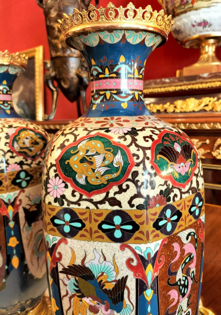 Paire De Grands Vases En Email Cloisonné Japon époque Meiji -photo-1