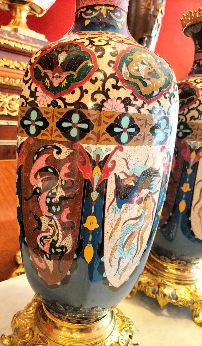 Paire De Grands Vases En Email Cloisonné Japon époque Meiji -photo-5