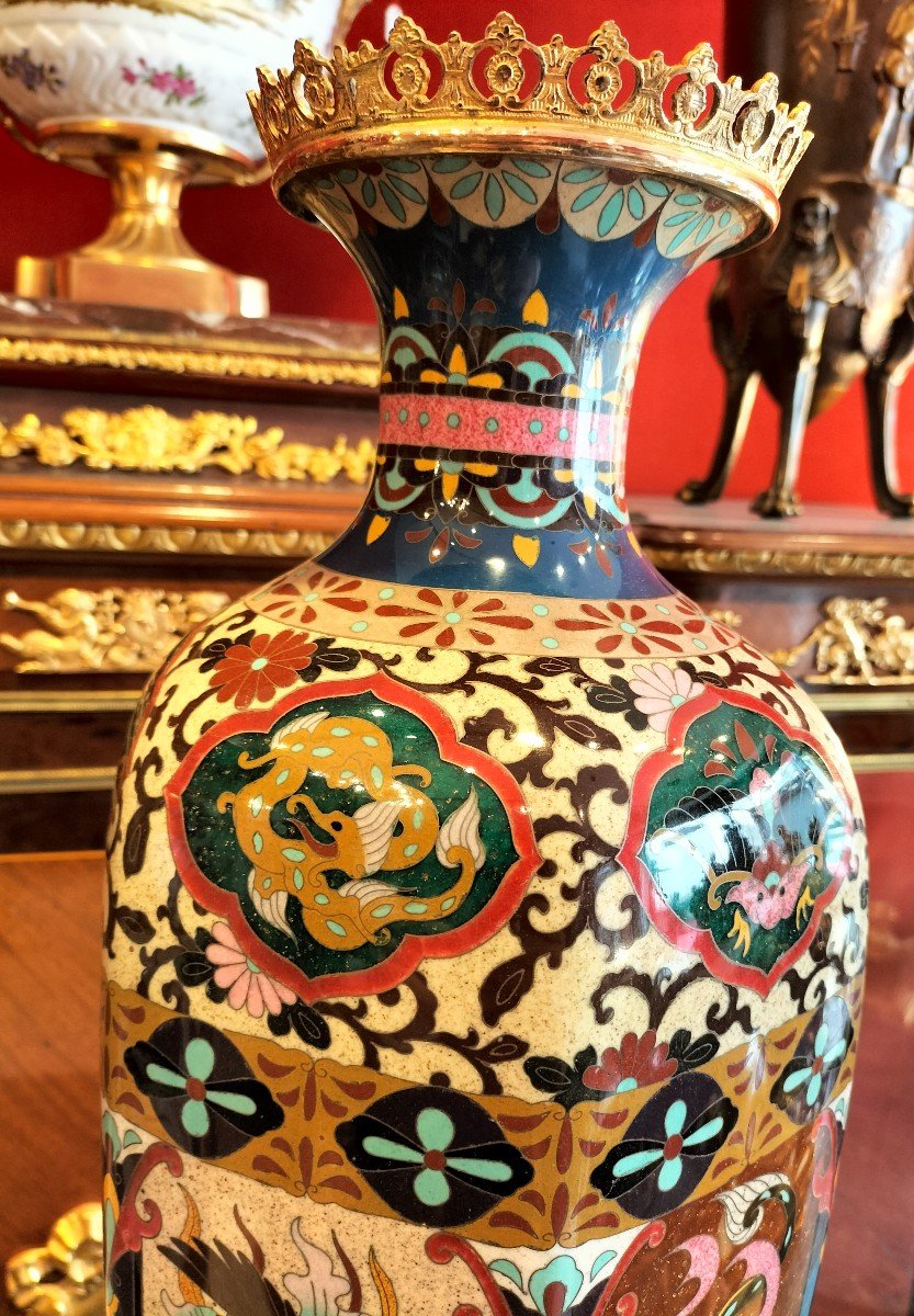 Paire De Grands Vases En Email Cloisonné Japon époque Meiji -photo-7