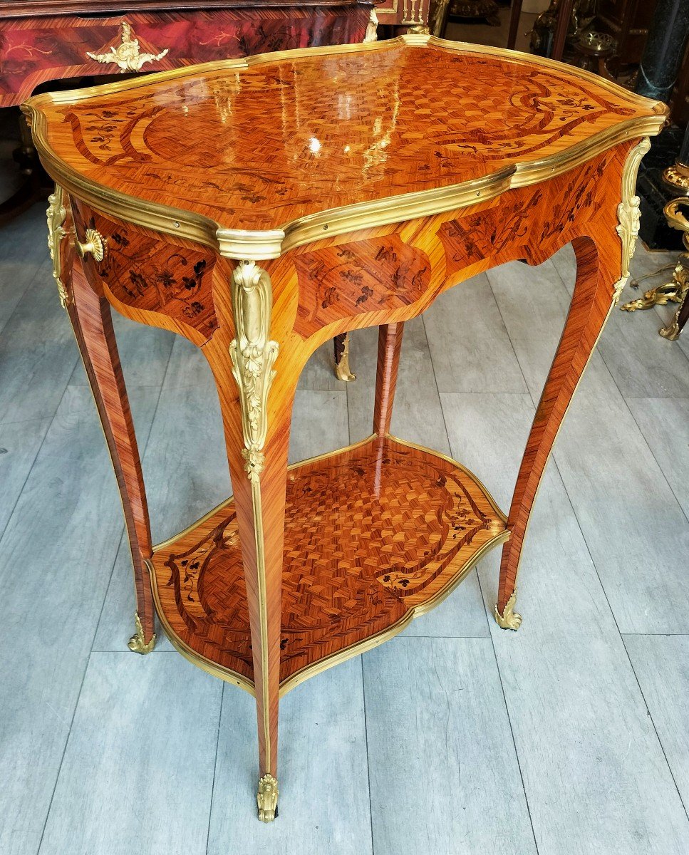 Table En Marqueterie Et Bronze Doré Estampillé Raulin Style Louis XV 