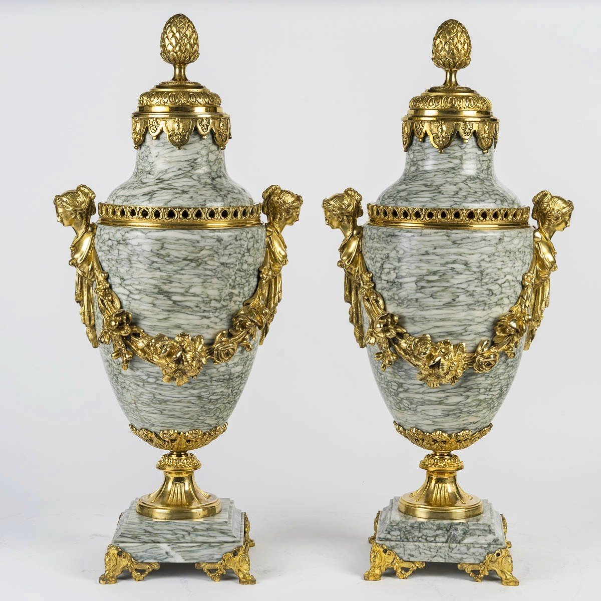 Pair Of Important Cassolettes In Marble And Gilt Bronze 