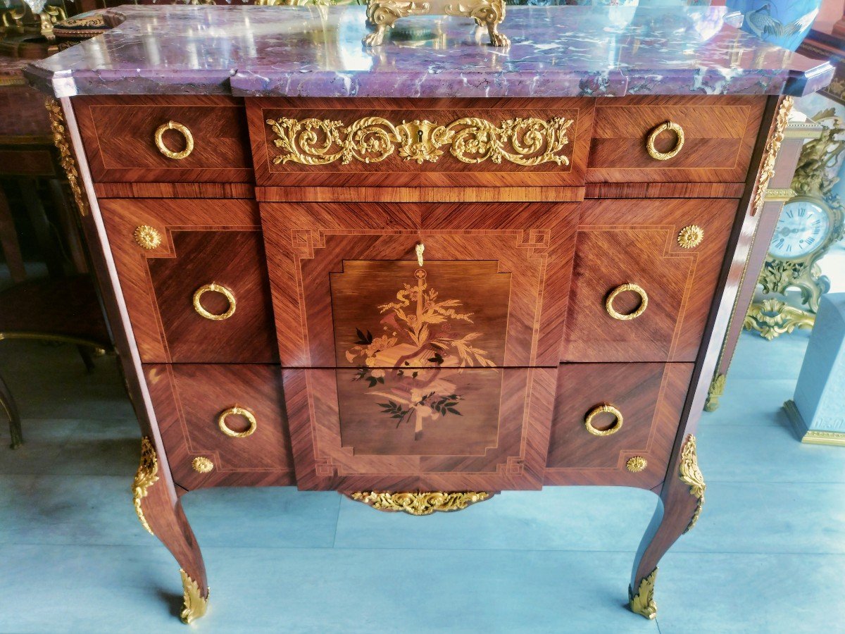 Louis XV - Louis XVI Transition Style Marquetry Commode -photo-4