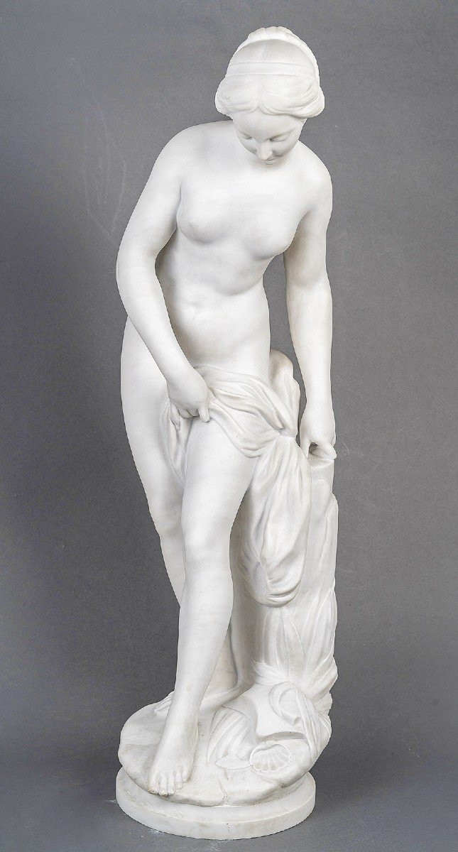 Important Carrara Marble Sculpture "diane Coming Out Of The Bath"-photo-2