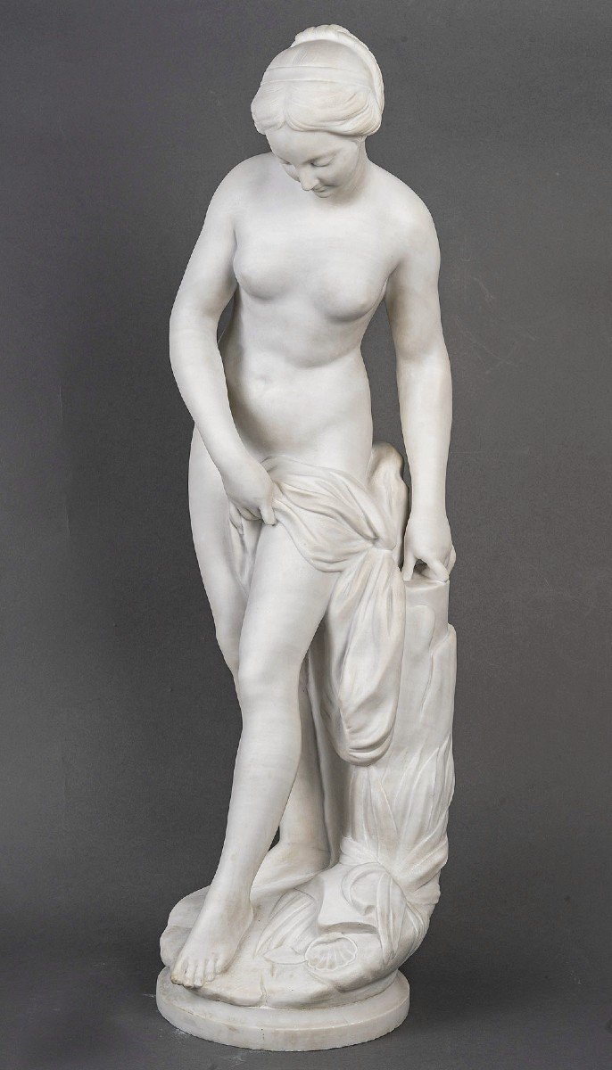 Important Carrara Marble Sculpture "diane Coming Out Of The Bath"-photo-3