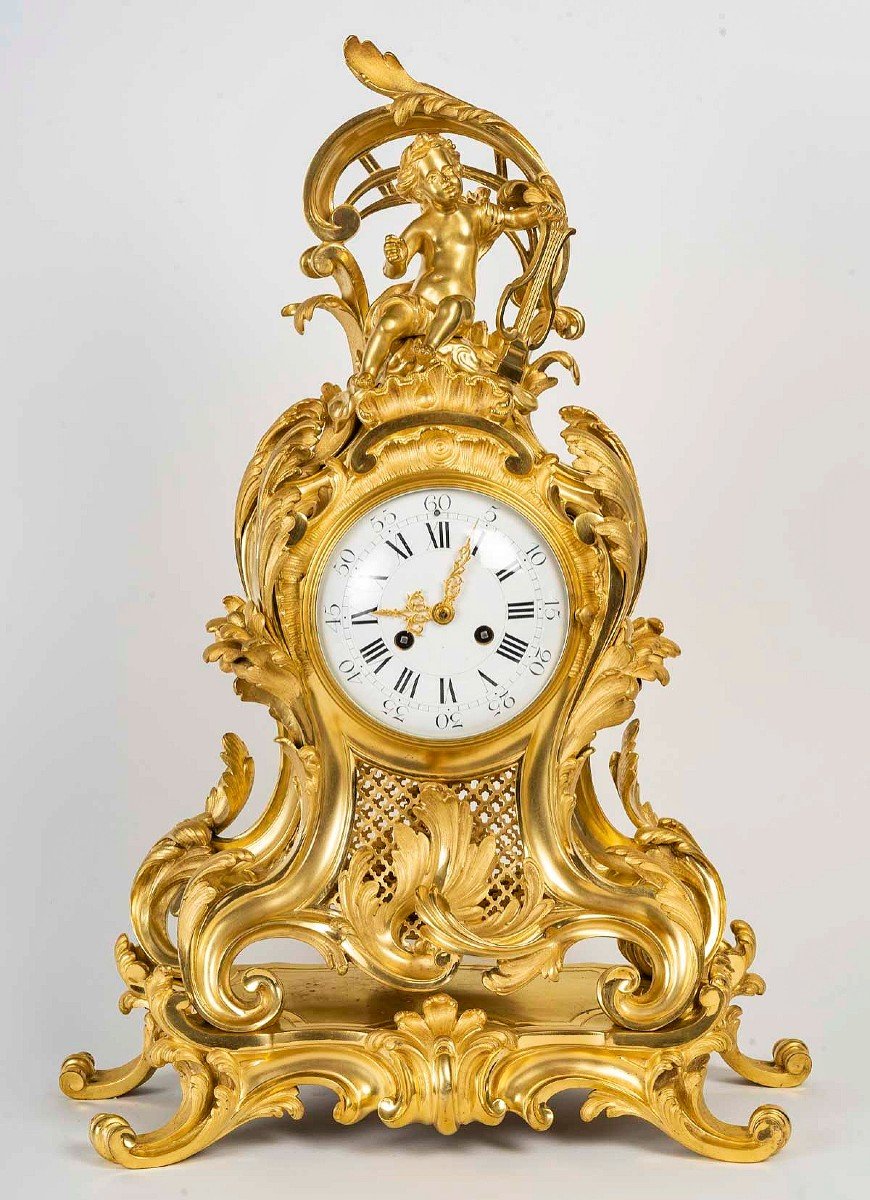 Important Louis XV Style Gilt Bronze Clock Circa 1880-photo-4