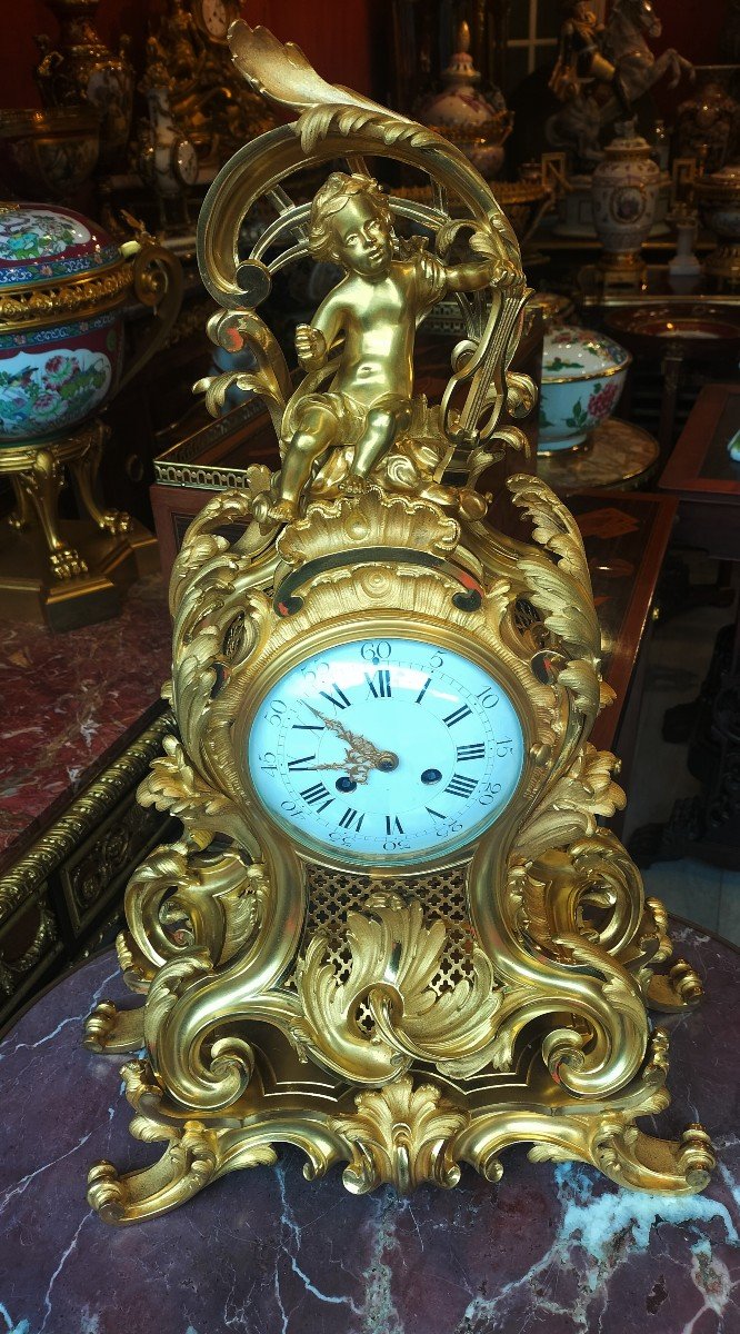 Important Louis XV Style Gilt Bronze Clock Circa 1880-photo-7