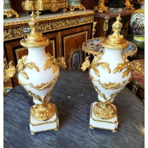 Pair Of Cassolettes In White Marble And Gilt Bronze 19th Century