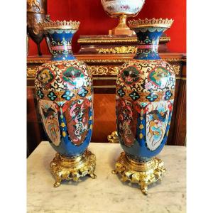 Pair Of Large Cloisonne Enamel Vases Japan Meiji Period