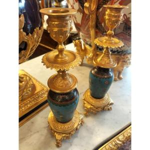 Pair Of Candlesticks In Cloisonné And Gilt Bronze