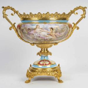 Coupe Centre De Table En Porcelaine Et Bronze Doré 